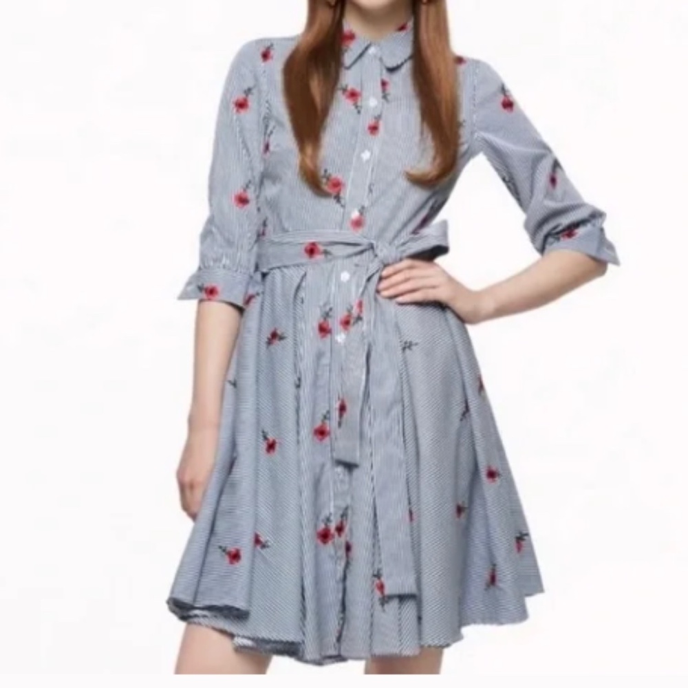 Betsey Johnson Embroidered Striped Belted Shirtdress